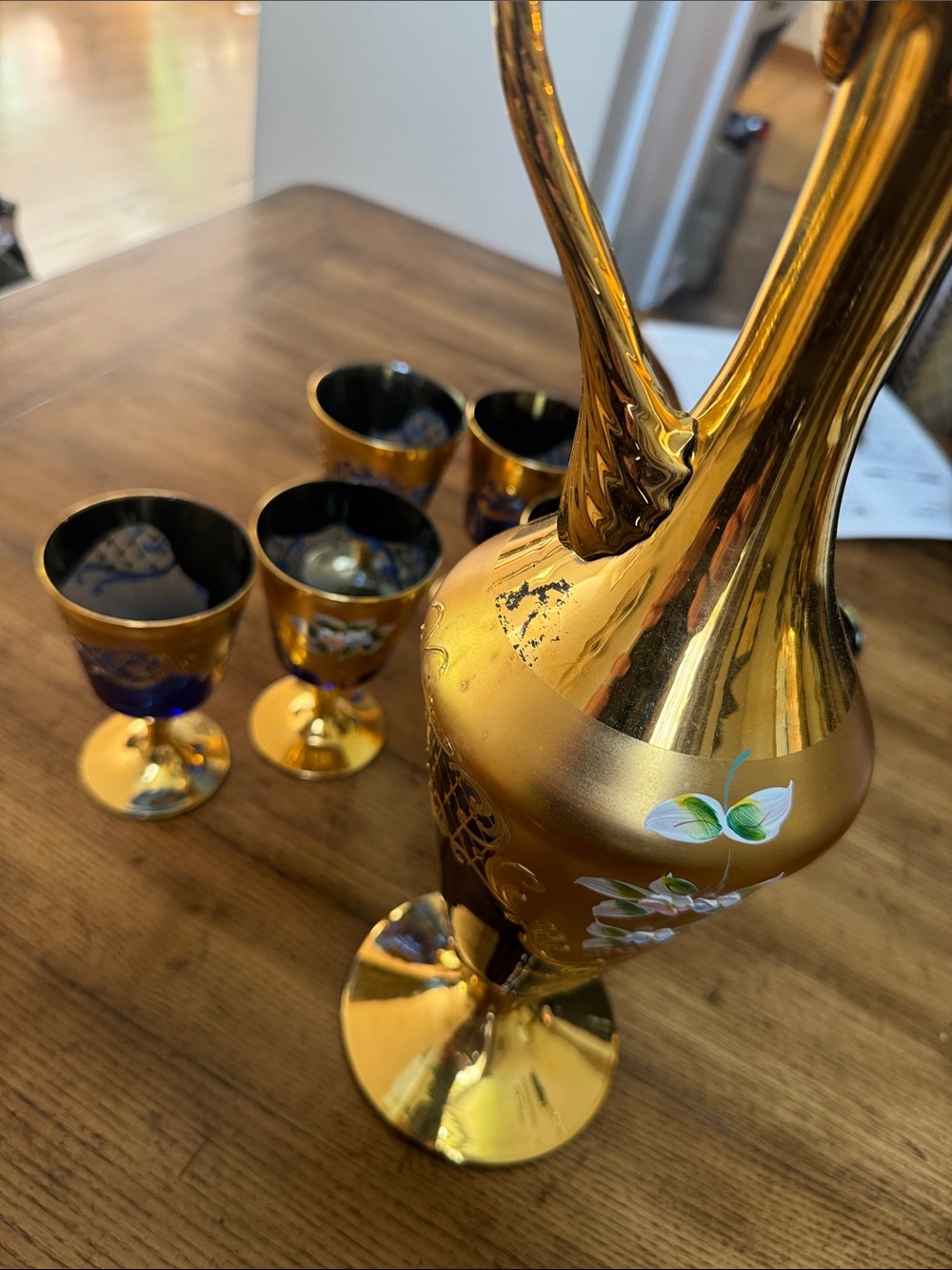 MURANO Venice Italy Blue Glass Decanter Set 7 | 6 Wine Glasses 24kt Gold Leaf - Picture 9 of 10